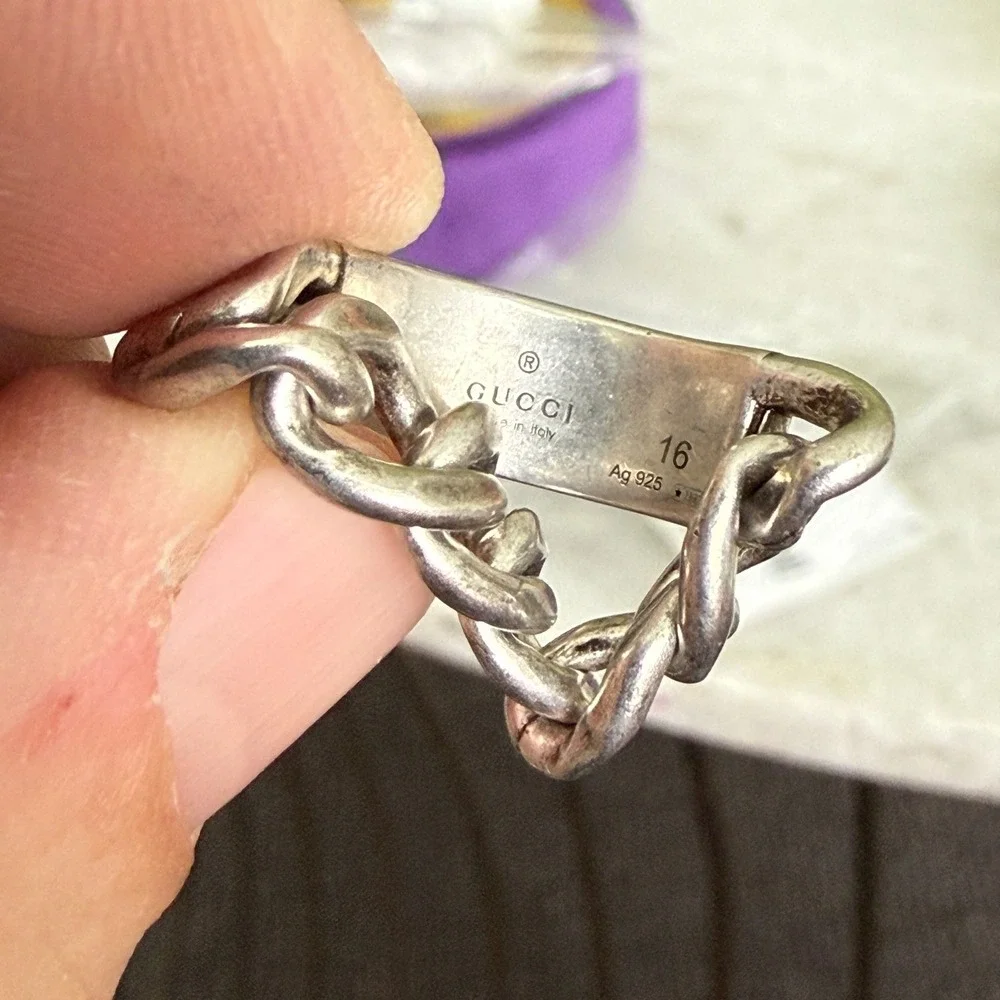 Gucci 678711 Unisex Sterling‎ Silver Chain Ring with Black plaque, SZ 18